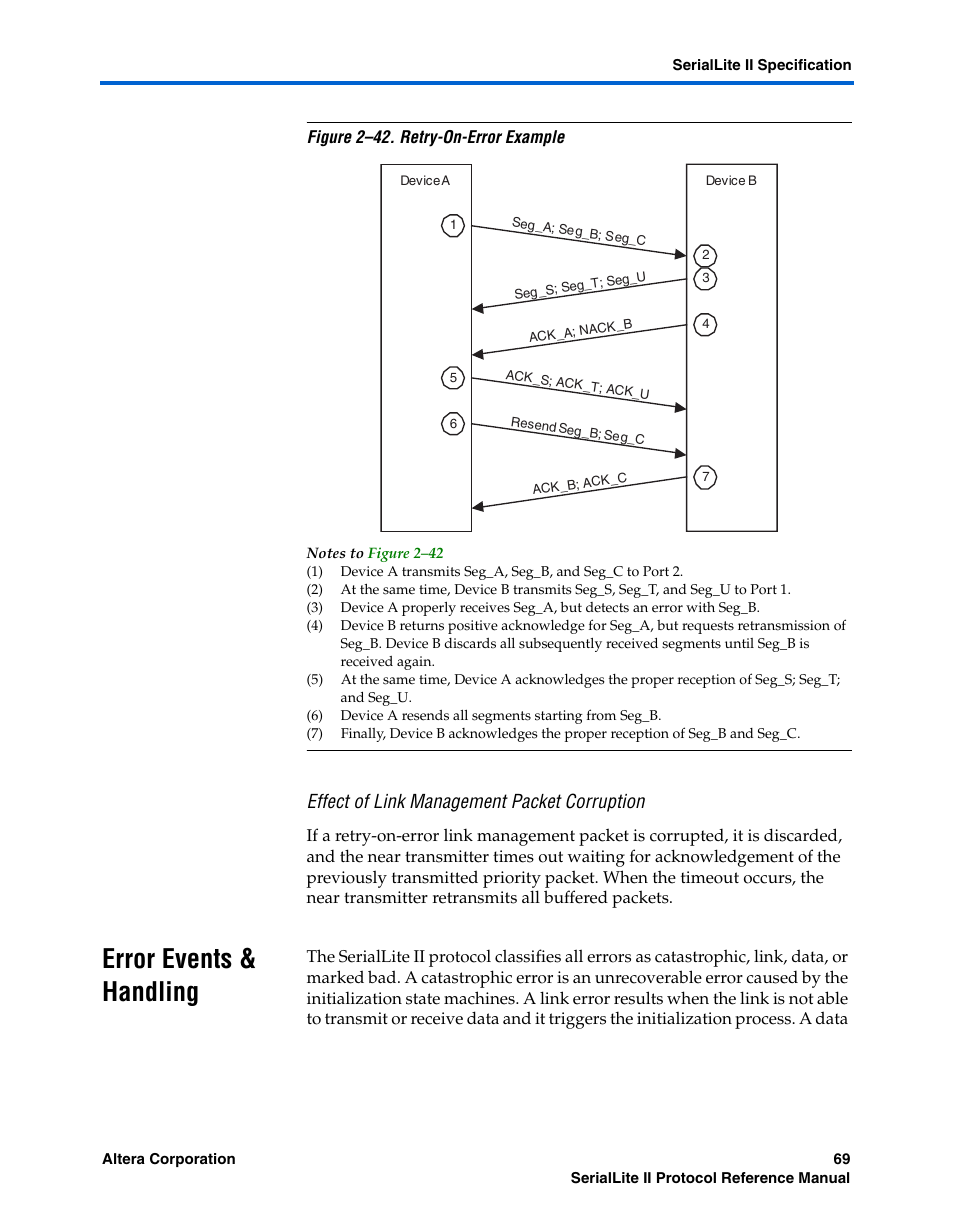Effect of link management packet corruption, Error events & handling, Error events & handling –69 | Altera SerialLite II Protocol User Manual | Page 69 / 84