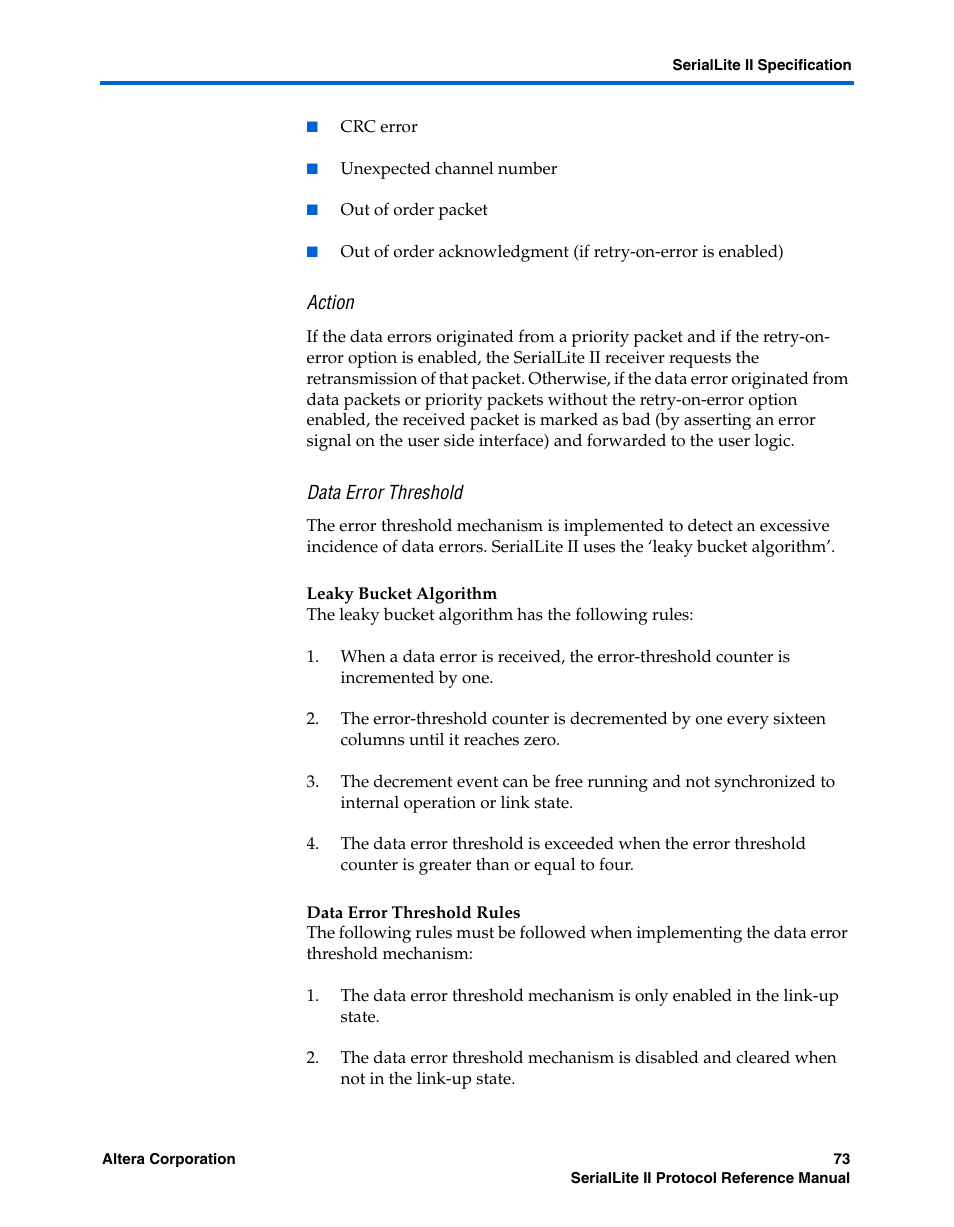 Action, Data error threshold, Leaky bucket algorithm | Data error threshold rules | Altera SerialLite II Protocol User Manual | Page 73 / 84