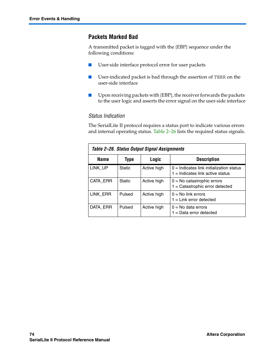 Packets marked bad, Status indication | Altera SerialLite II Protocol User Manual | Page 74 / 84