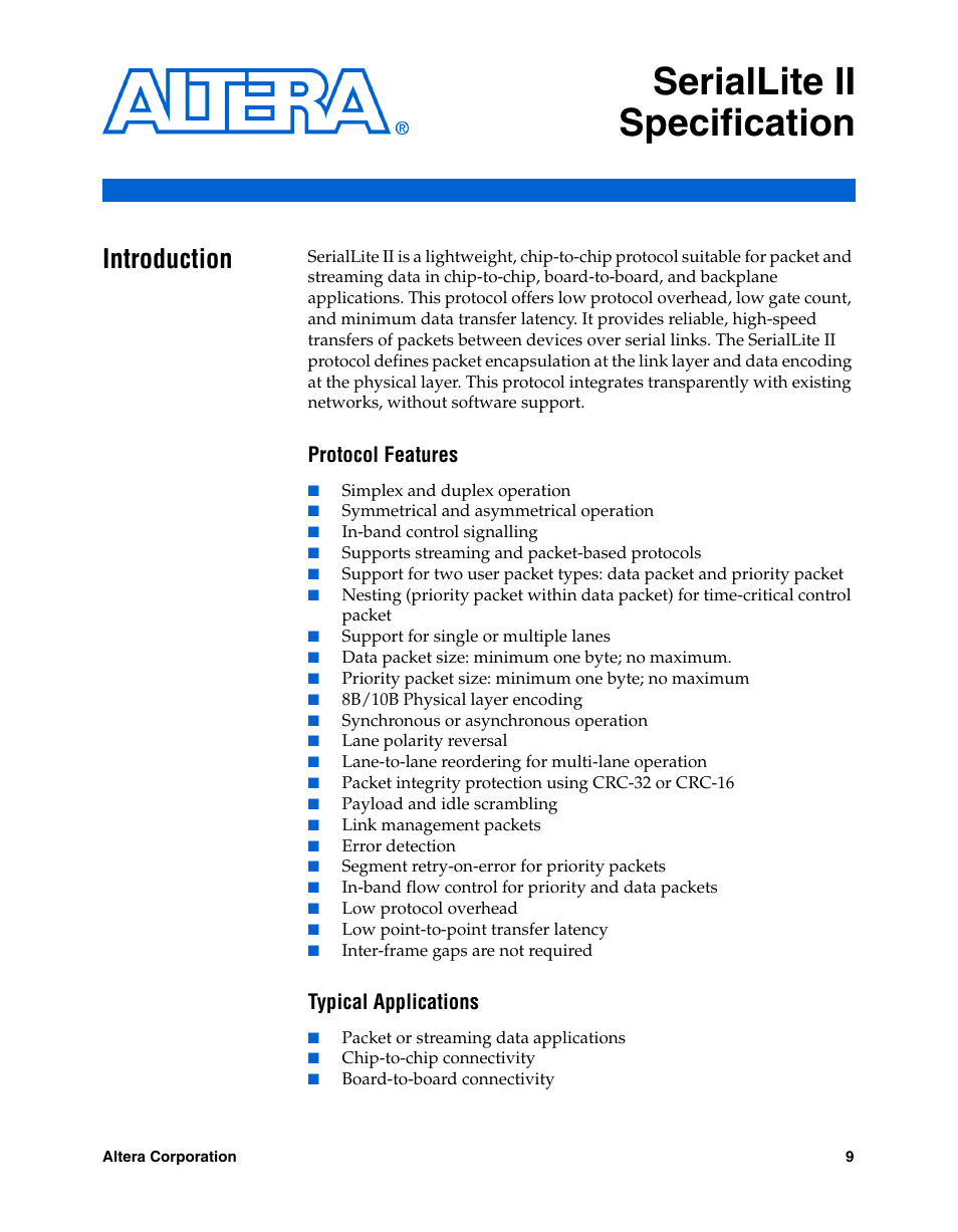 Seriallite ii specification, Introduction, Protocol features | Typical applications, Introduction –9 | Altera SerialLite II Protocol User Manual | Page 9 / 84