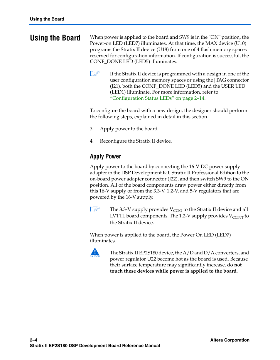 Using the board, Apply power, Using the board –4 | Altera Stratix II EP2S180 DSP Development Board User Manual | Page 12 / 58