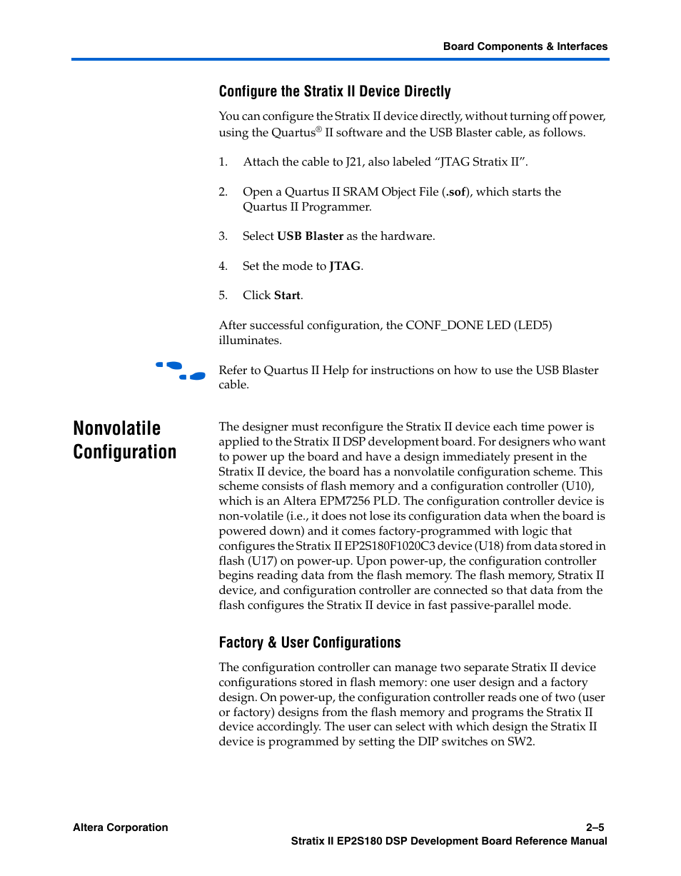 Configure the stratix ii device directly, Nonvolatile configuration, Factory & user configurations | Nonvolatile configuration –5 | Altera Stratix II EP2S180 DSP Development Board User Manual | Page 13 / 58