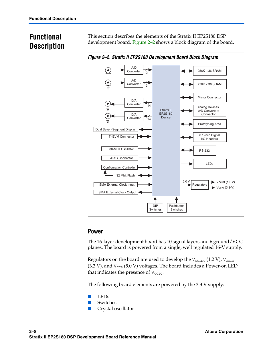 Functional description, Power, Functional description –8 | 2 v), v, 3 v), and v, Leds, Switches, Crystal oscillator | Altera Stratix II EP2S180 DSP Development Board User Manual | Page 16 / 58