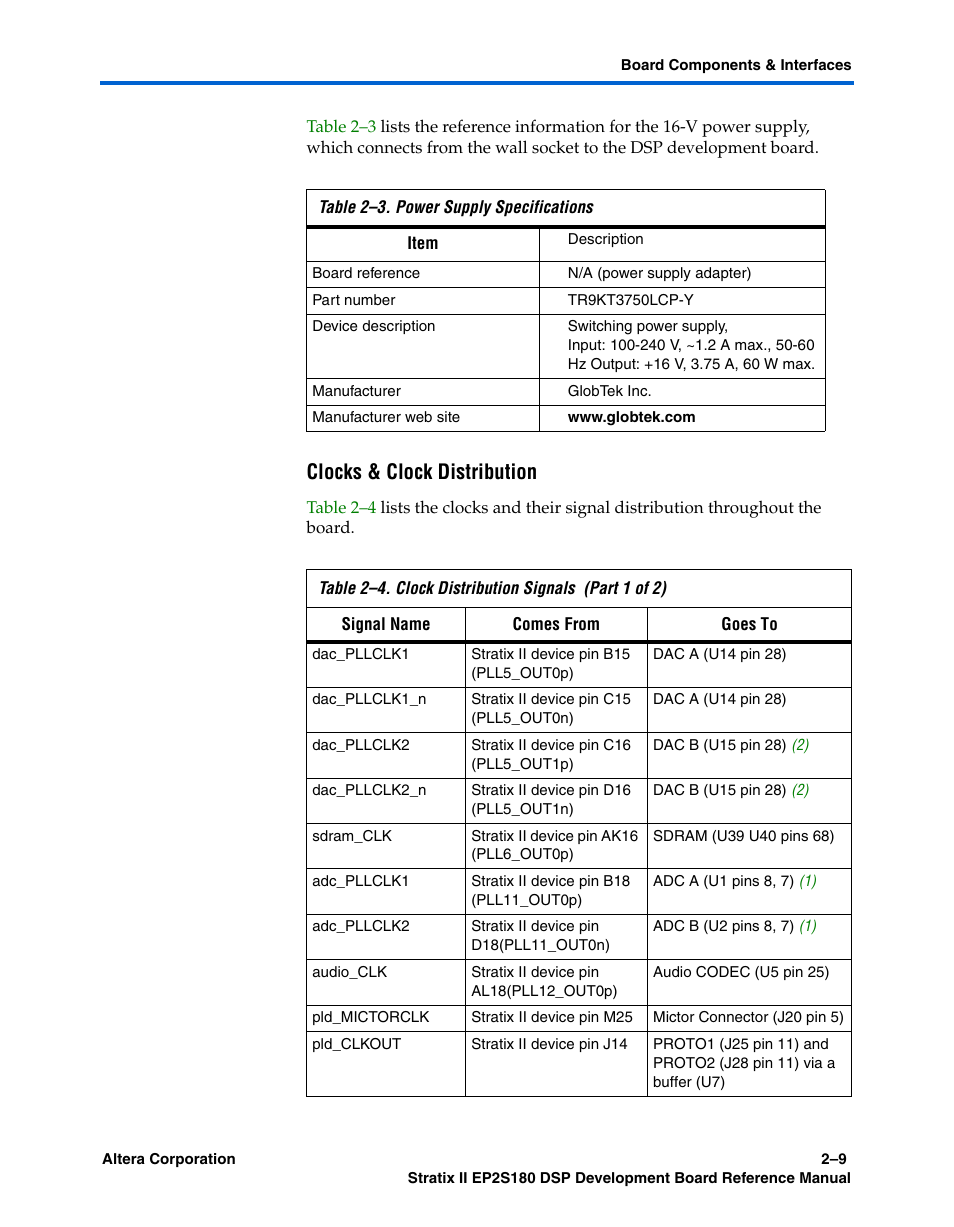 Clocks & clock distribution | Altera Stratix II EP2S180 DSP Development Board User Manual | Page 17 / 58