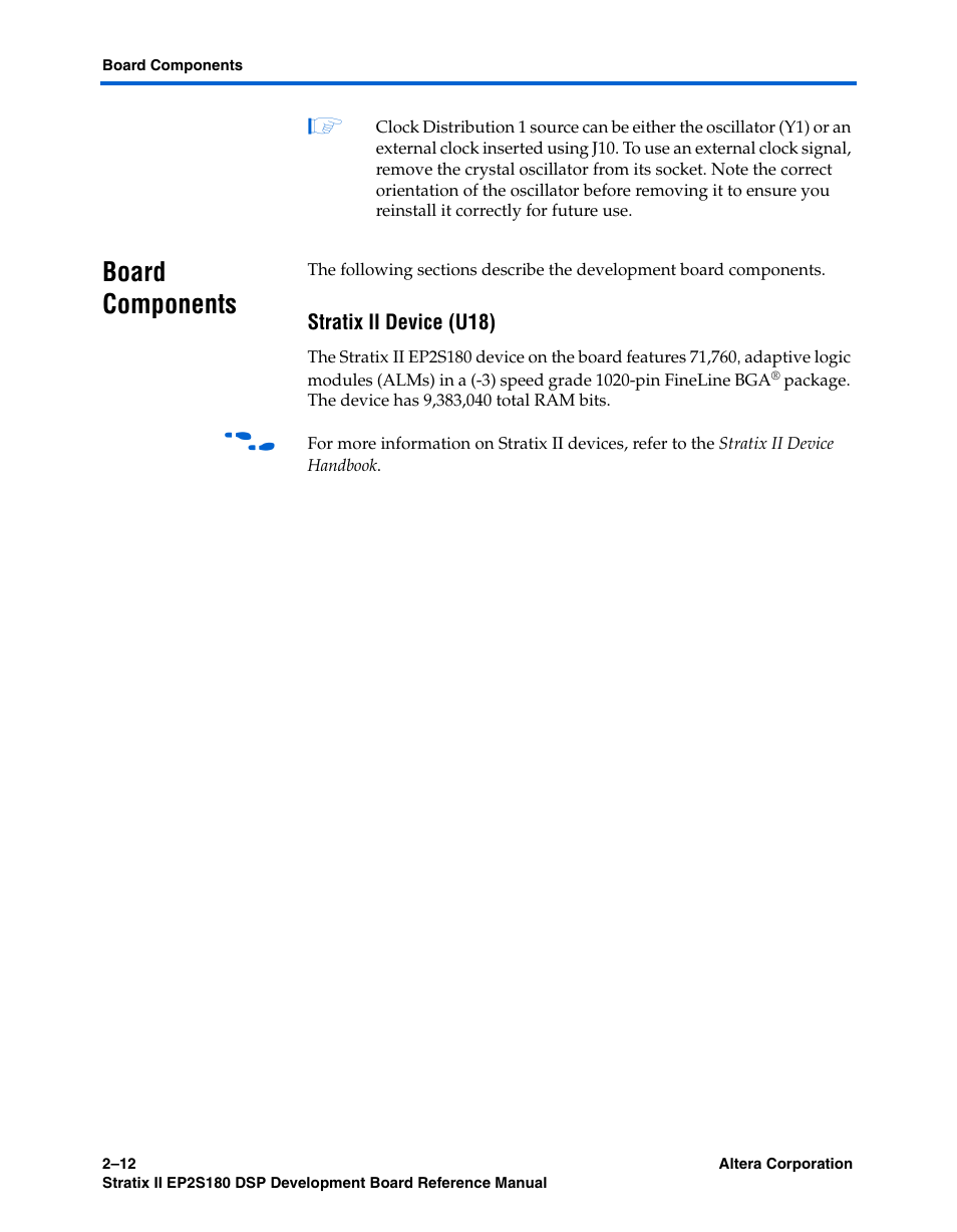Board components, Stratix ii device (u18), Board components –12 | Altera Stratix II EP2S180 DSP Development Board User Manual | Page 20 / 58