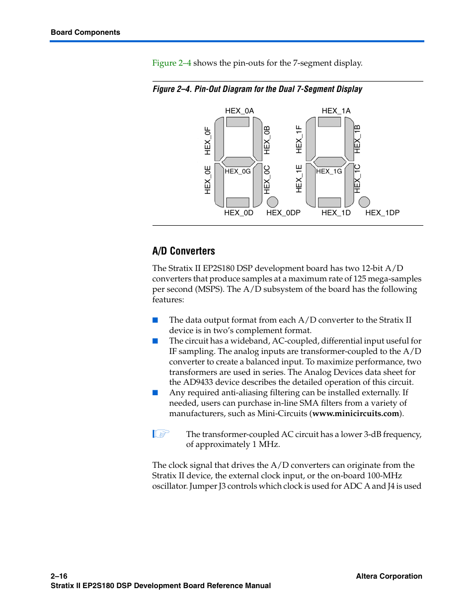 A/d converters | Altera Stratix II EP2S180 DSP Development Board User Manual | Page 24 / 58