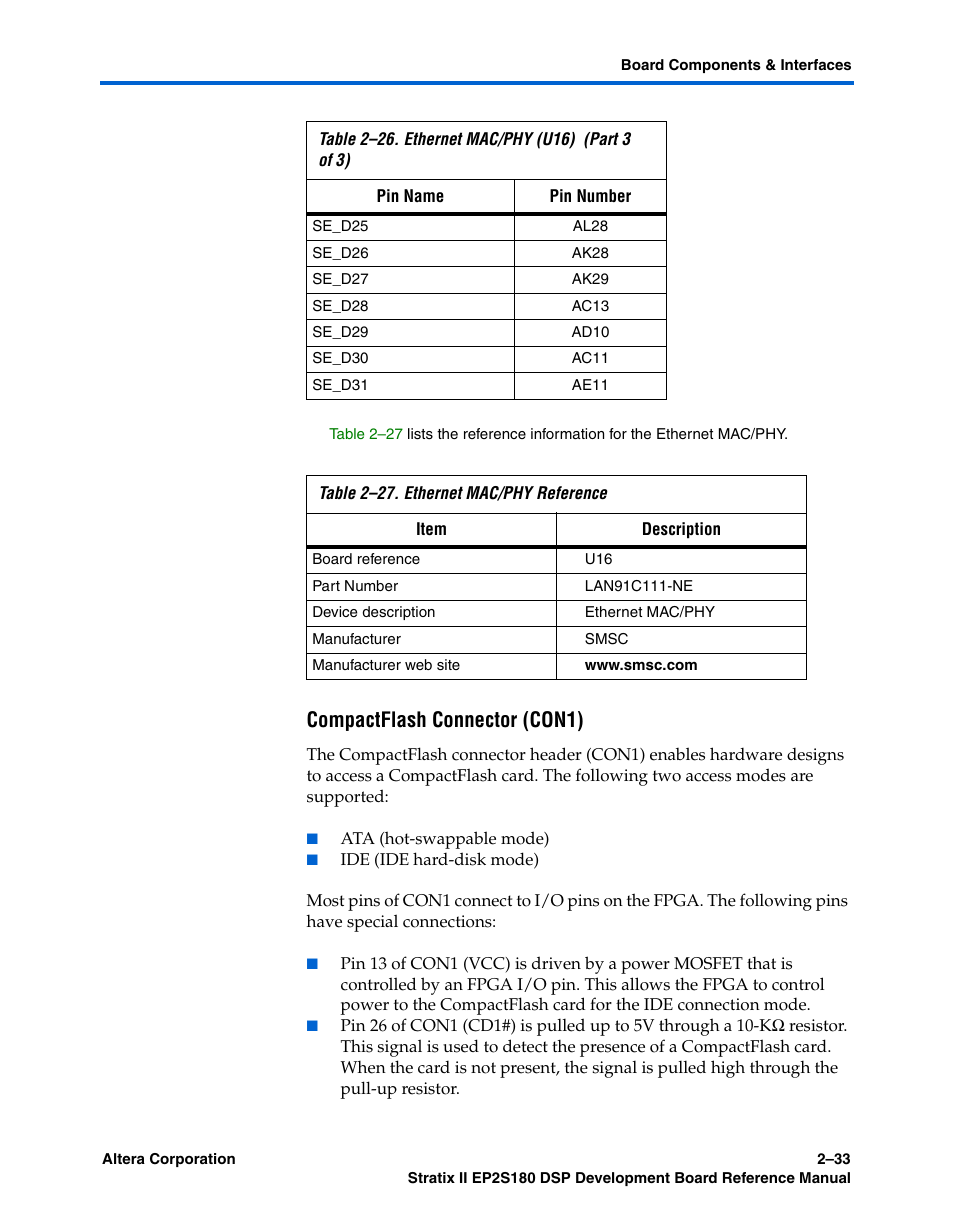 Compactflash connector (con1) | Altera Stratix II EP2S180 DSP Development Board User Manual | Page 41 / 58