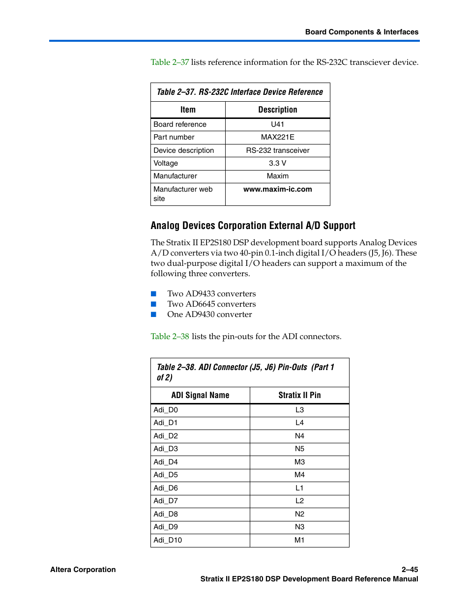Analog devices corporation external a/d support | Altera Stratix II EP2S180 DSP Development Board User Manual | Page 53 / 58