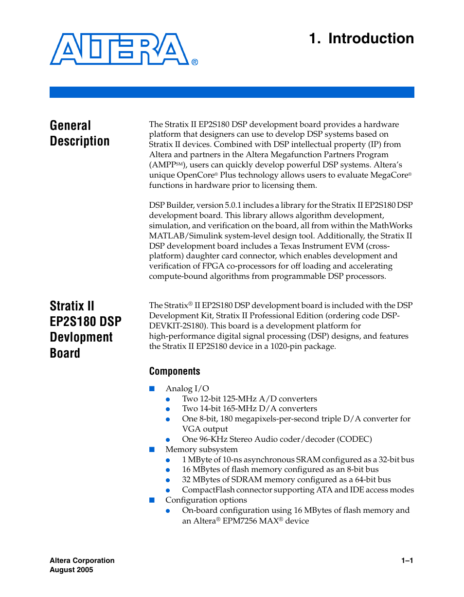 Introduction, General description, Stratix ii ep2s180 dsp devlopment board | Components, Chapter 1. introduction | Altera Stratix II EP2S180 DSP Development Board User Manual | Page 7 / 58