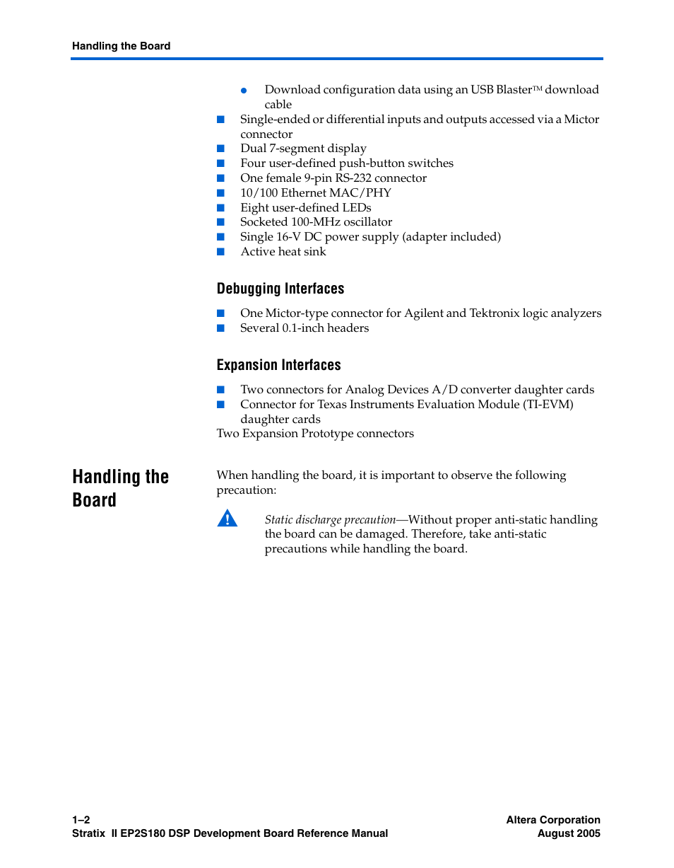Debugging interfaces, Expansion interfaces, Handling the board | Handling the board –2 | Altera Stratix II EP2S180 DSP Development Board User Manual | Page 8 / 58