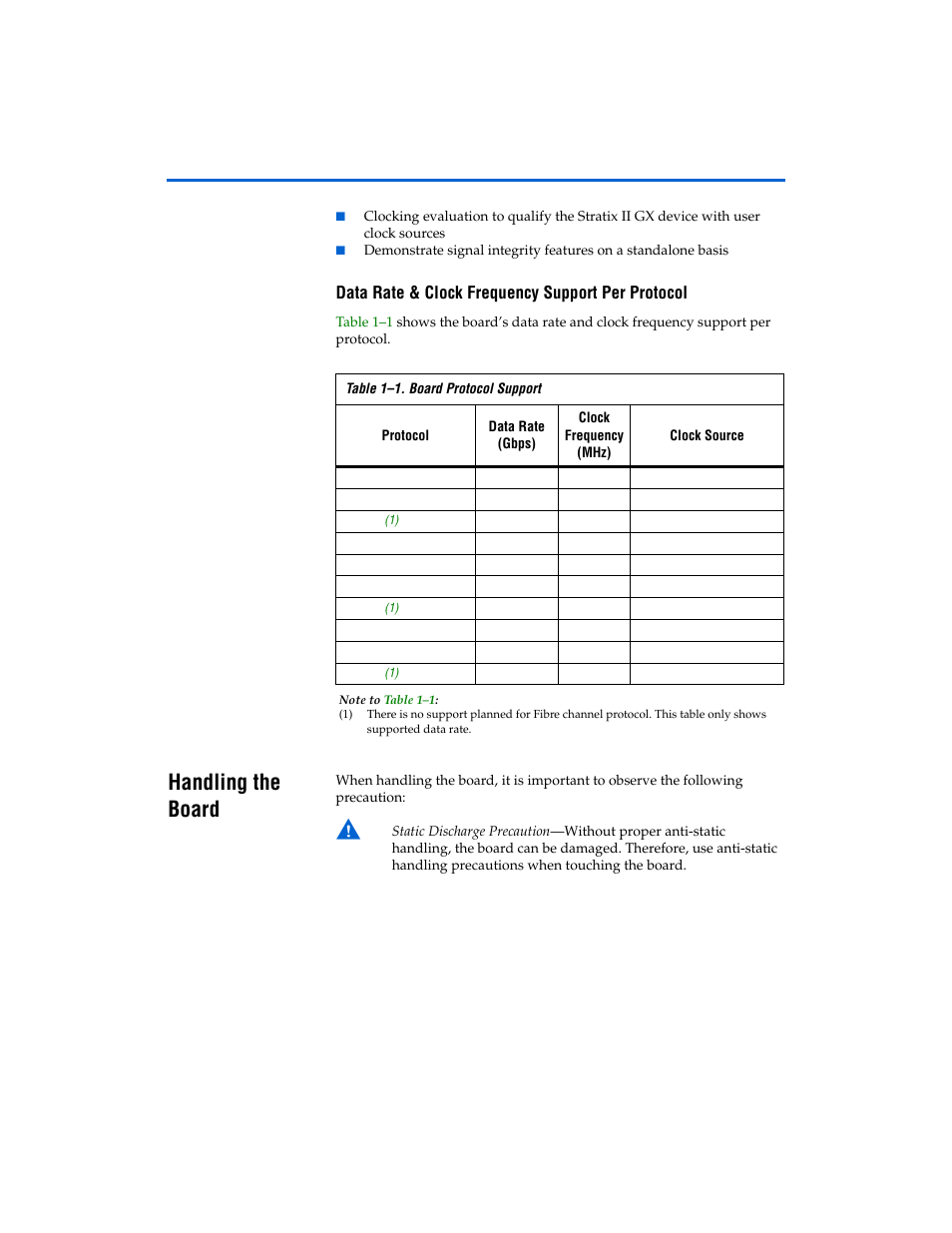 Data rate & clock frequency support per protocol, Handling the board, Handling the board -4 | Altera Stratix II GX EP2SGX90 Transceiver Signal Integrity Development Board User Manual | Page 10 / 40