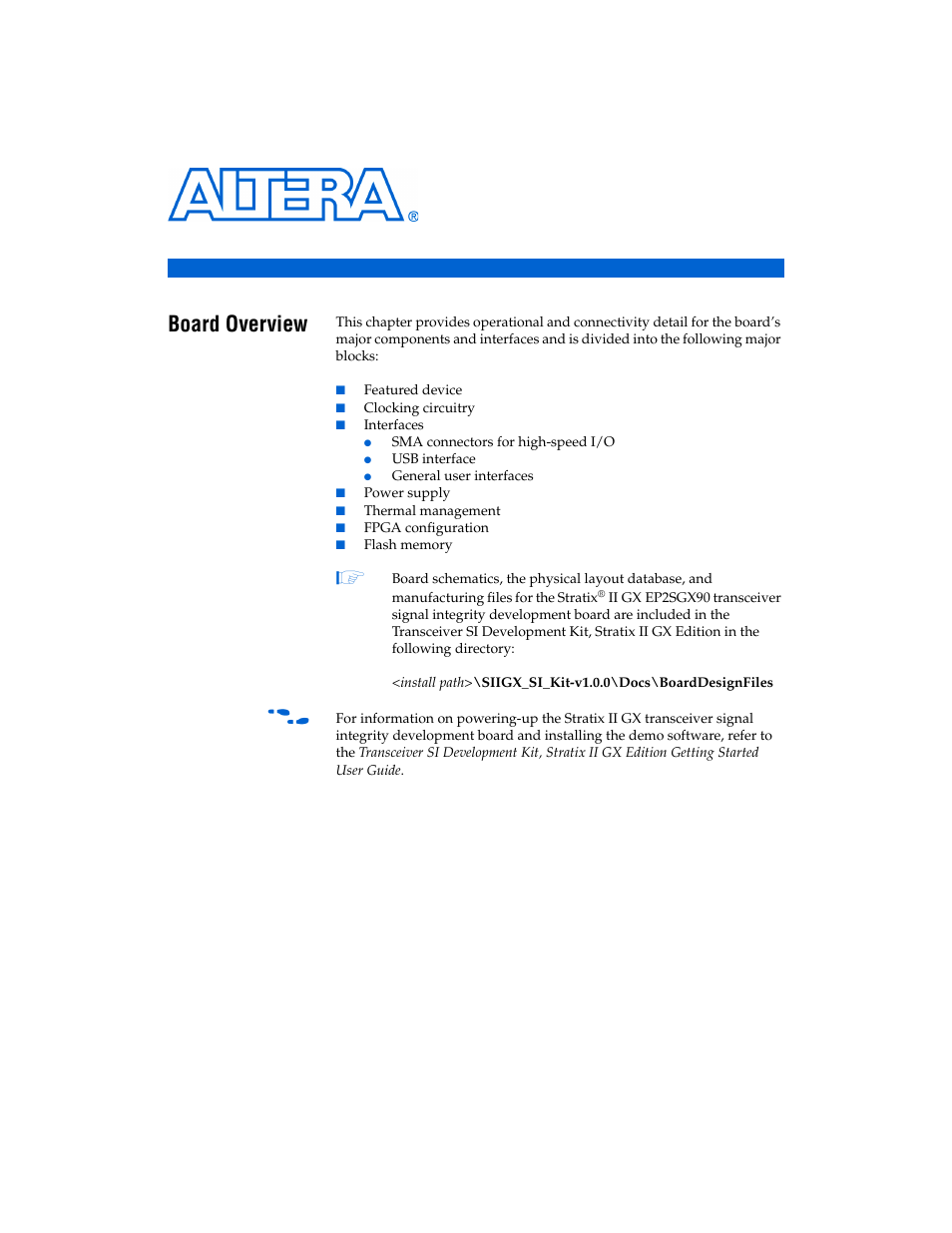 Board components & interfaces, Board overview, Chapter 2. board components & interfaces | Board overview -1 | Altera Stratix II GX EP2SGX90 Transceiver Signal Integrity Development Board User Manual | Page 11 / 40