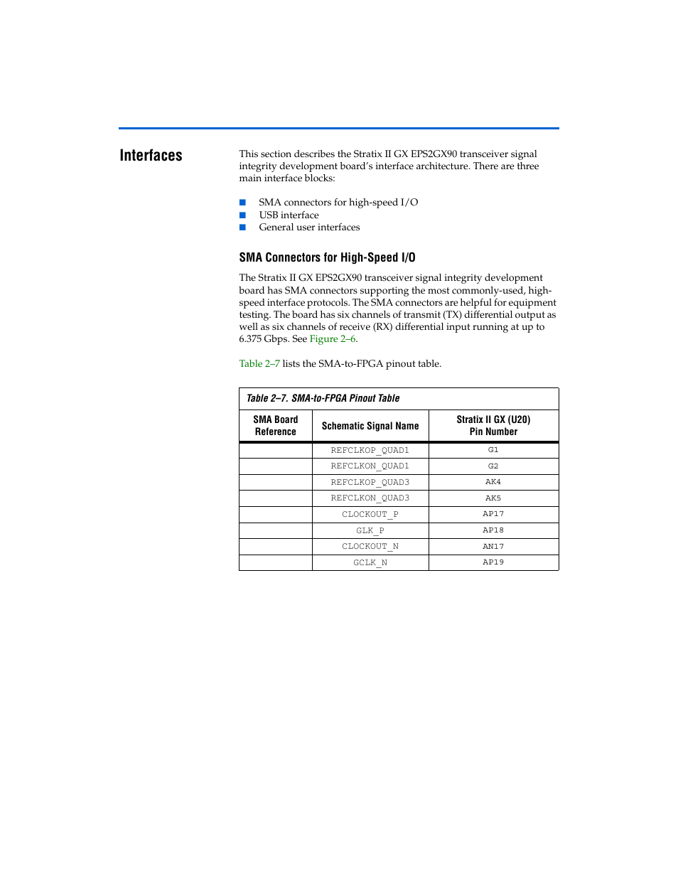 Interfaces, Sma connectors for high-speed i/o | Altera Stratix II GX EP2SGX90 Transceiver Signal Integrity Development Board User Manual | Page 22 / 40
