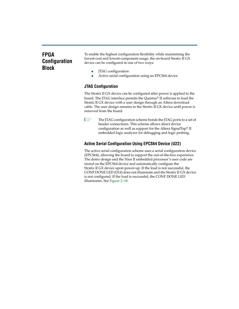 Fpga configuration block, Jtag configuration, Fpga configuration block -28 | Altera Stratix II GX EP2SGX90 Transceiver Signal Integrity Development Board User Manual | Page 38 / 40