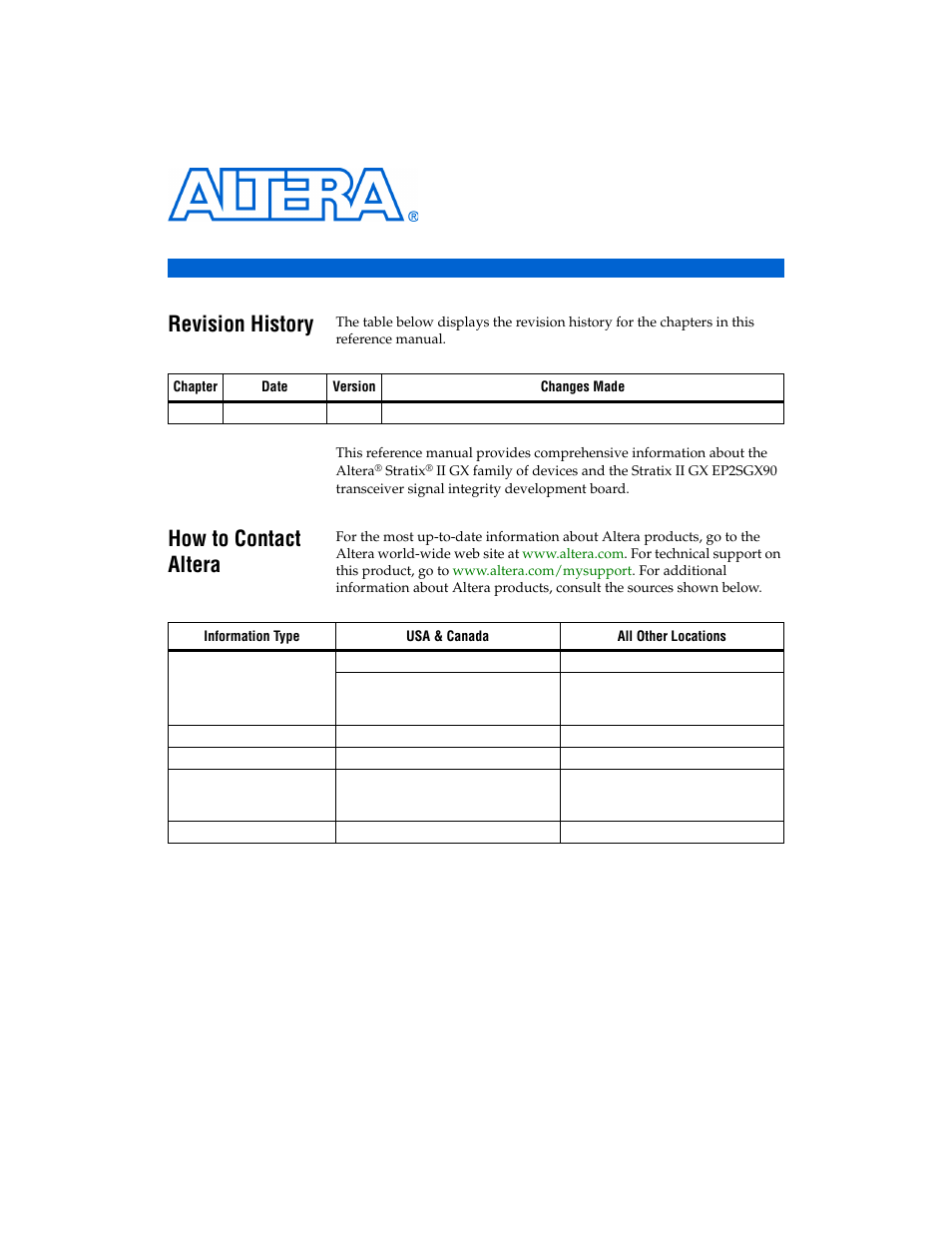 About this manual, Revision history, How to contact altera | Altera Stratix II GX EP2SGX90 Transceiver Signal Integrity Development Board User Manual | Page 5 / 40
