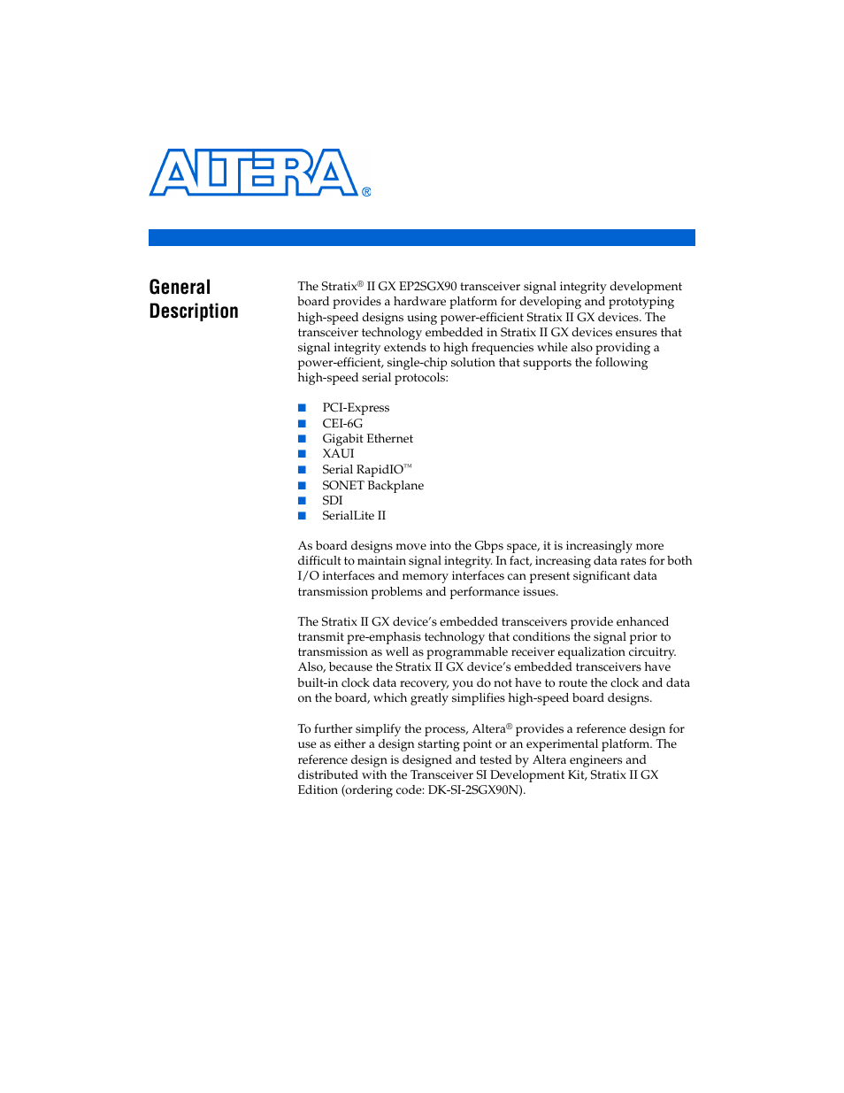 Introduction, General description, Chapter 1. introduction | General description -1 | Altera Stratix II GX EP2SGX90 Transceiver Signal Integrity Development Board User Manual | Page 7 / 40