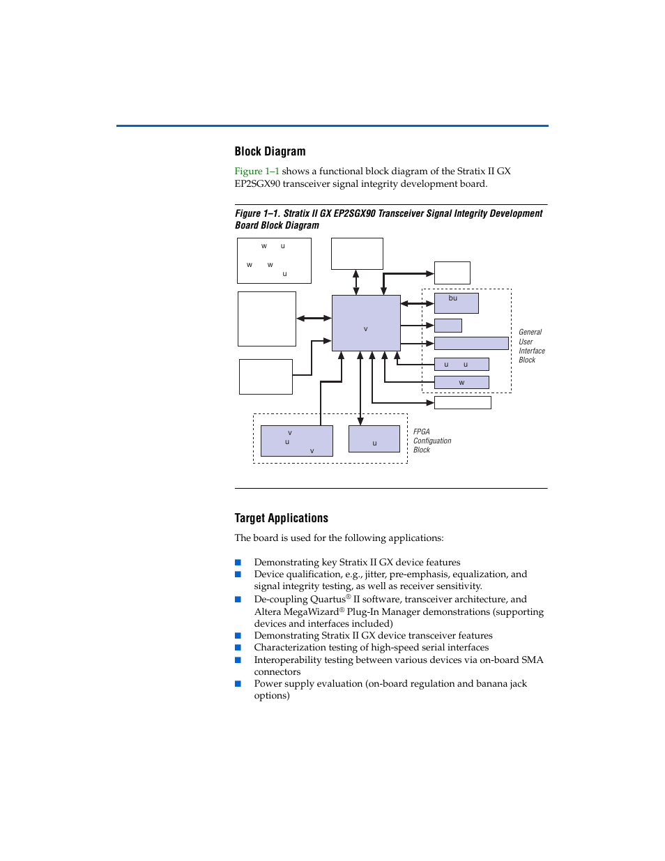 Block diagram, Target applications, Block diagram -3 target applications -3 | Altera Stratix II GX EP2SGX90 Transceiver Signal Integrity Development Board User Manual | Page 9 / 40