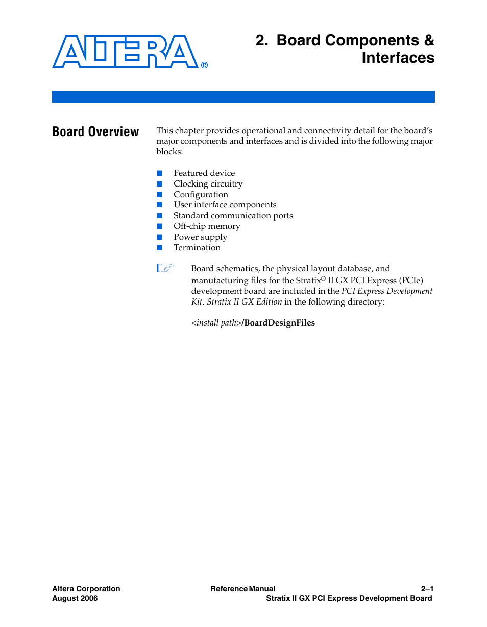 Board components & interfaces, Chapter 2. board components & interfaces, Board overview -1 | Board overview | Altera Stratix II GX PCI Express Development Board User Manual | Page 11 / 70