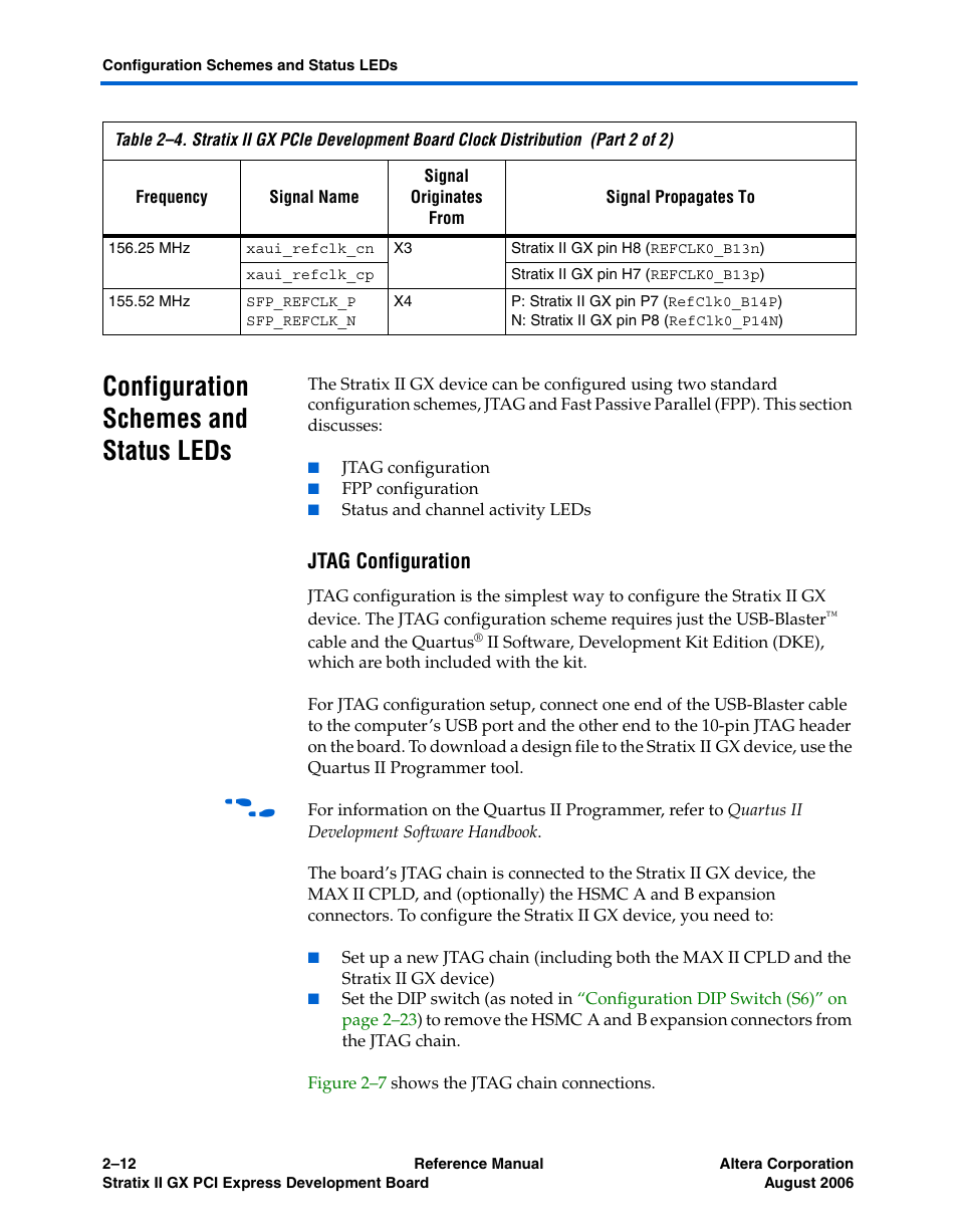 Configuration schemes and status leds, Jtag configuration, Configuration schemes and status leds -12 | Jtag configuration -12 | Altera Stratix II GX PCI Express Development Board User Manual | Page 22 / 70