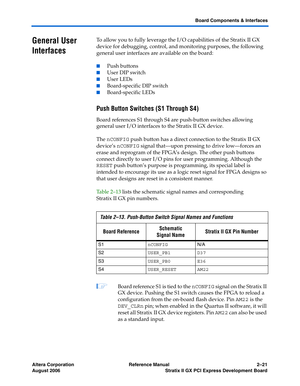 General user interfaces, Push button switches (s1 through s4), General user interfaces -22 | Push button switches (s1 through s4) -22 | Altera Stratix II GX PCI Express Development Board User Manual | Page 31 / 70