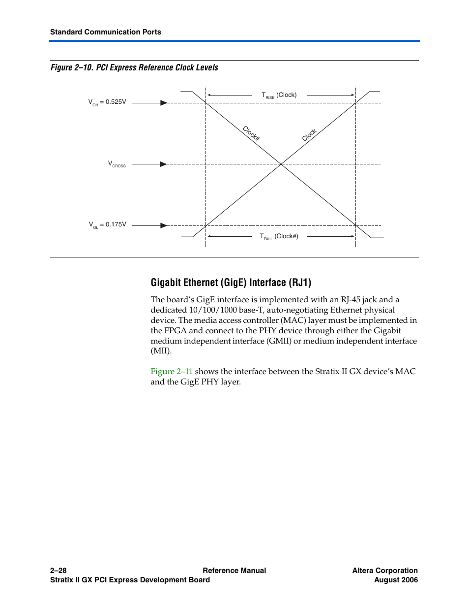 Gigabit ethernet (gige) interface (rj1), Gigabit ethernet (gige) interface (rj1) -29, Figure 2–10. pci express reference clock levels | Altera Stratix II GX PCI Express Development Board User Manual | Page 38 / 70