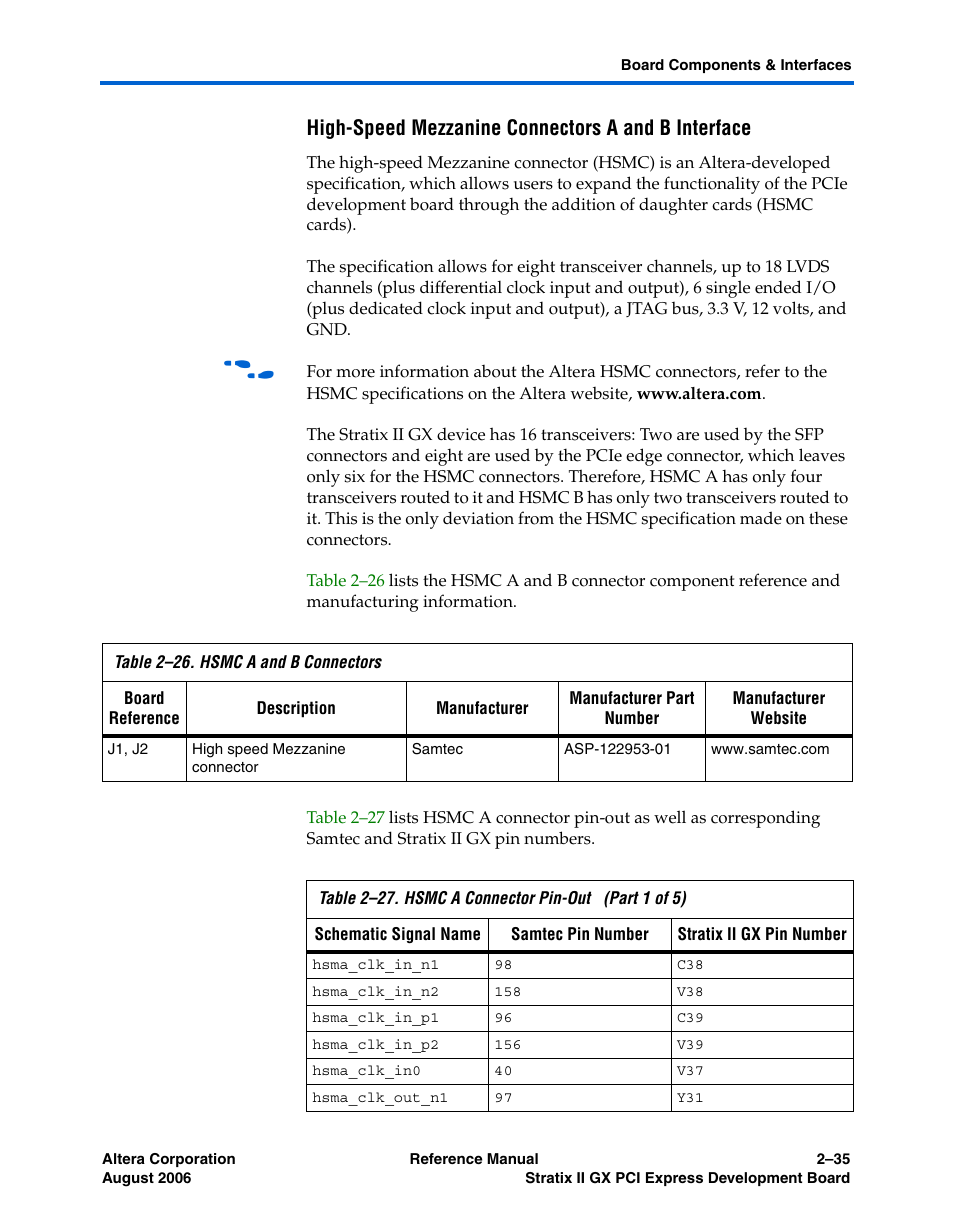 High-speed mezzanine connectors a and b interface | Altera Stratix II GX PCI Express Development Board User Manual | Page 45 / 70