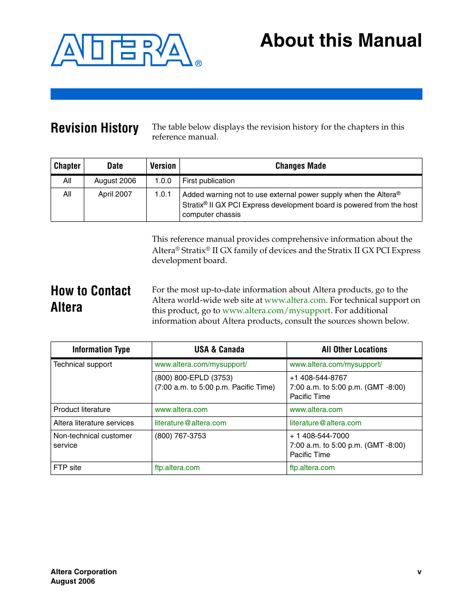 About this manual, Revision history, How to contact altera | Altera Stratix II GX PCI Express Development Board User Manual | Page 5 / 70