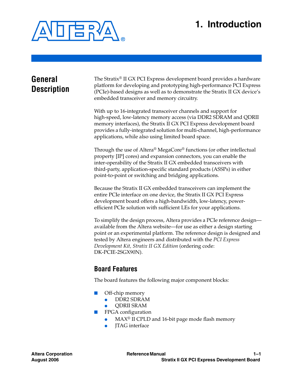 Introduction, Board features, Chapter 1. introduction | General description -1, Board features -1, General description | Altera Stratix II GX PCI Express Development Board User Manual | Page 7 / 70