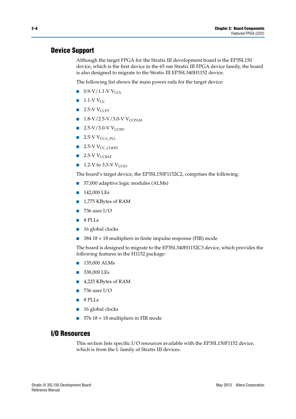 Device support, I/o resources, Device support –6 i/o resources –6 | Altera Stratix III Development Board User Manual | Page 14 / 82