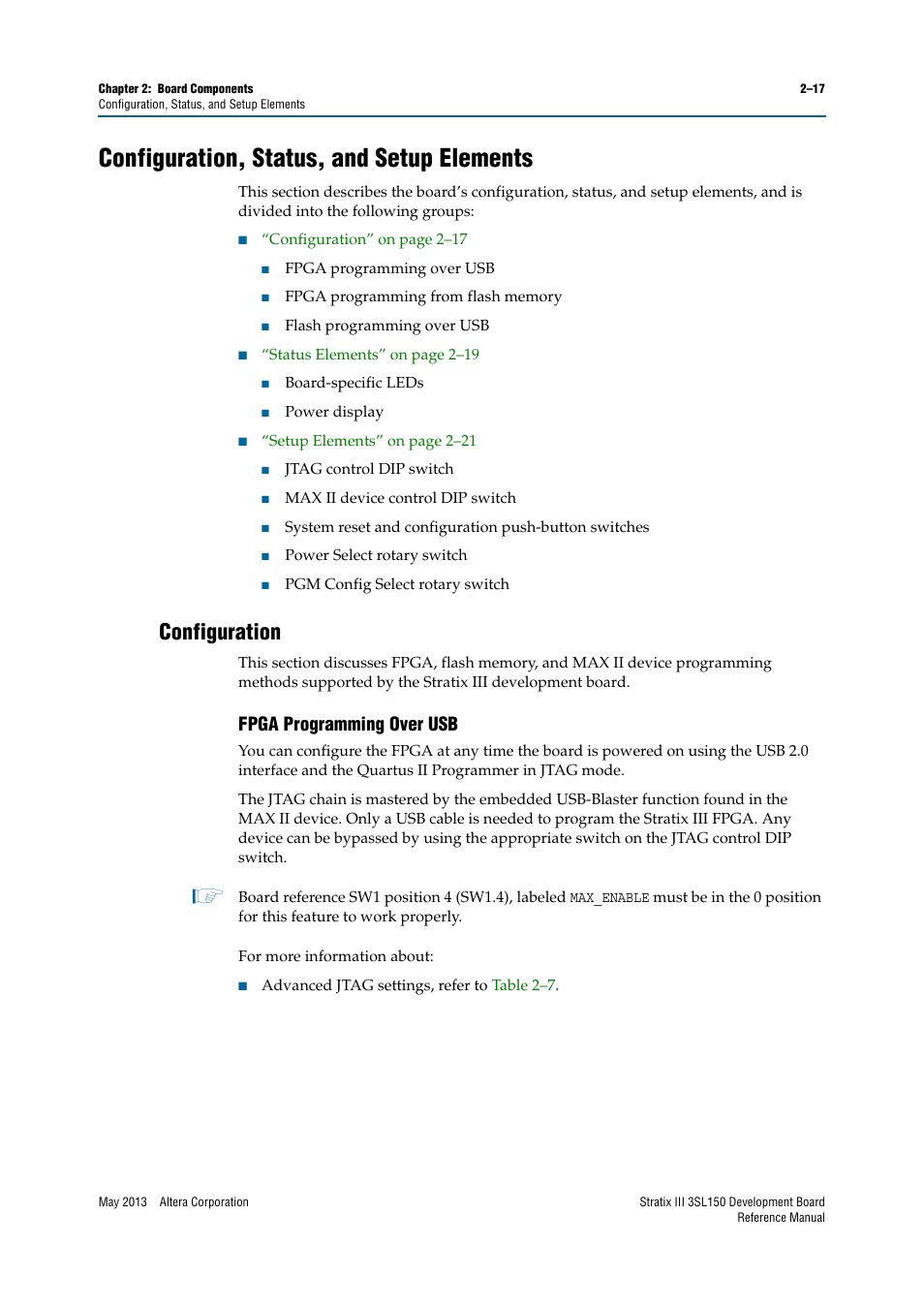 Configuration, status, and setup elements, Configuration, Fpga programming over usb | Configuration, status, and setup elements –17, Configuration –17, Fpga programming over usb –17 | Altera Stratix III Development Board User Manual | Page 25 / 82