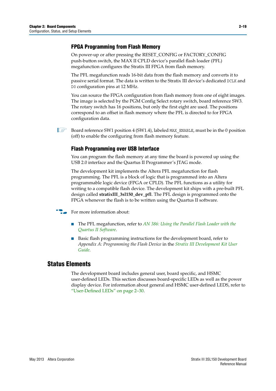 Fpga programming from flash memory, Flash programming over usb interface, Status elements | Status elements –19 | Altera Stratix III Development Board User Manual | Page 27 / 82