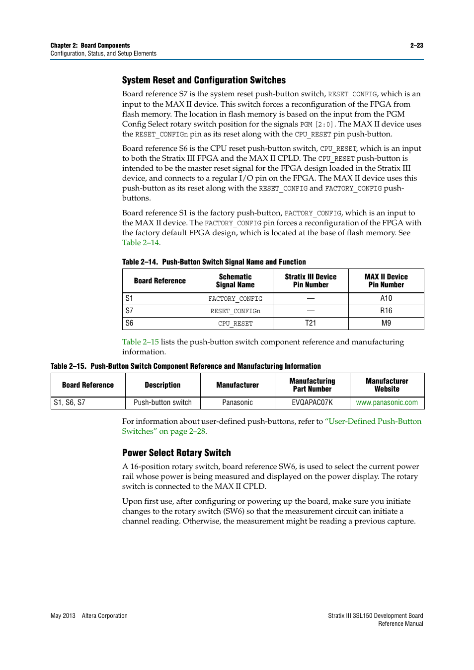 System reset and configuration switches, Power select rotary switch | Altera Stratix III Development Board User Manual | Page 31 / 82