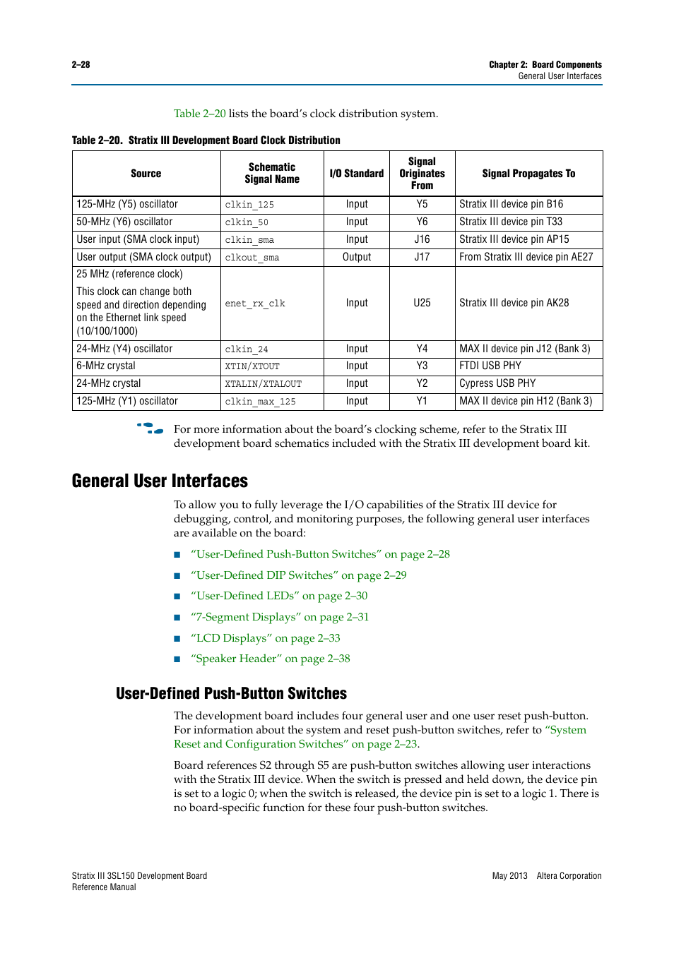 General user interfaces, User-defined push-button switches, General user interfaces –28 | User-defined push-button switches –28, User-defined push-button | Altera Stratix III Development Board User Manual | Page 36 / 82