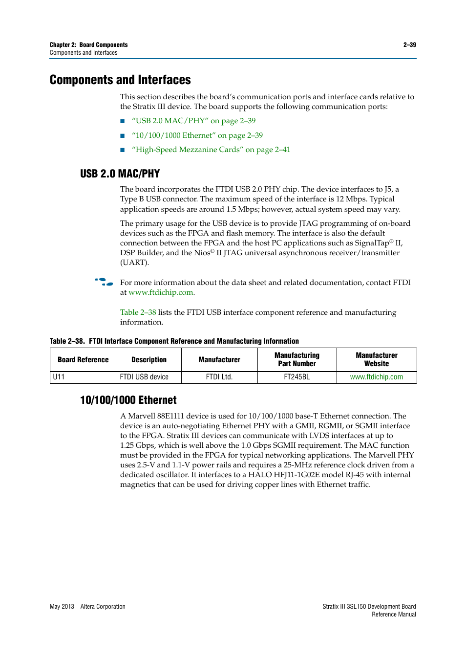 Components and interfaces, Usb 2.0 mac/phy, 10/100/1000 ethernet | Components and interfaces –39, Usb 2.0 mac/phy –39 10/100/1000 ethernet –39 | Altera Stratix III Development Board User Manual | Page 47 / 82