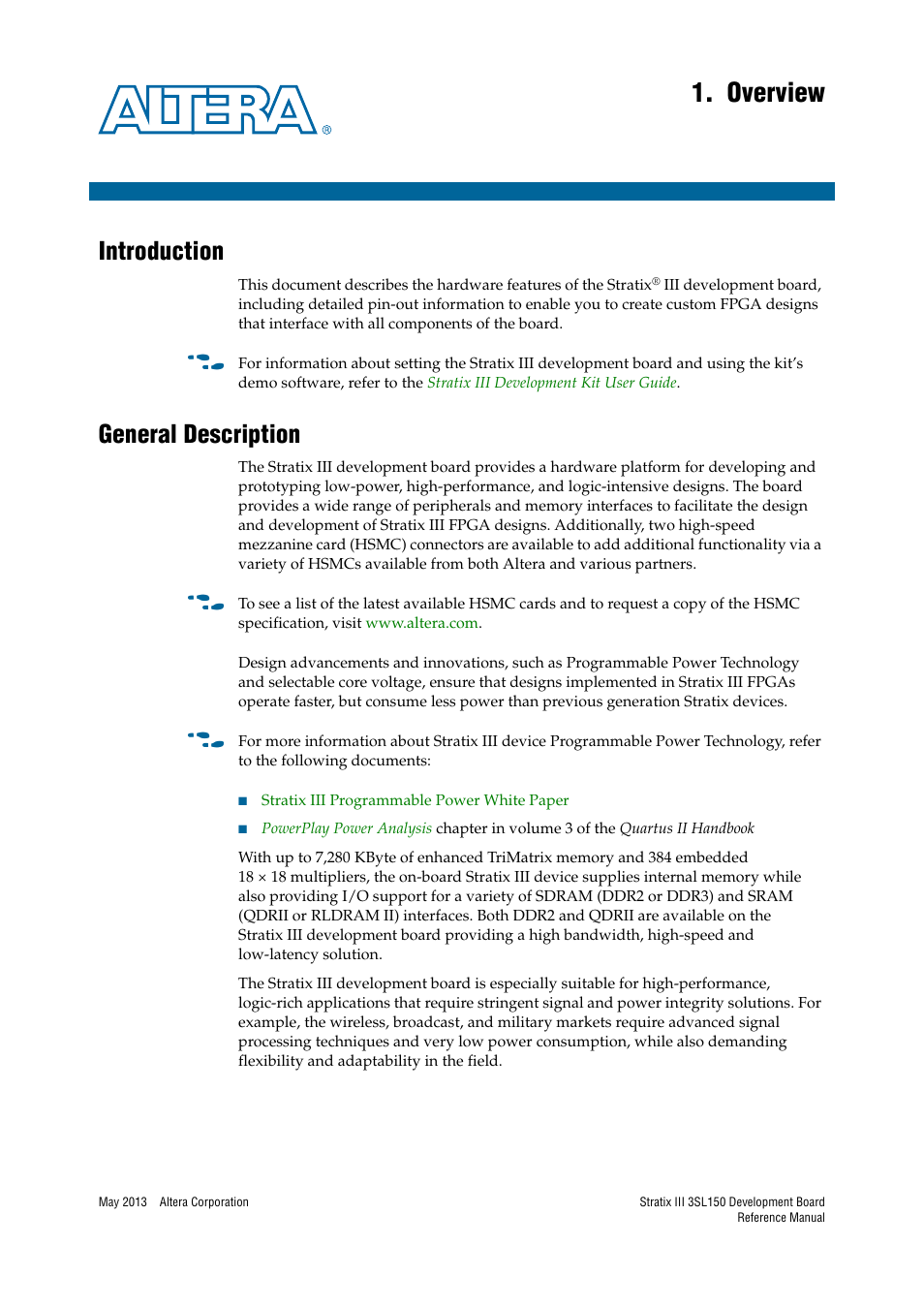 Overview, Introduction, General description | Chapter 1. overview, Introduction –1 general description –1 | Altera Stratix III Development Board User Manual | Page 5 / 82