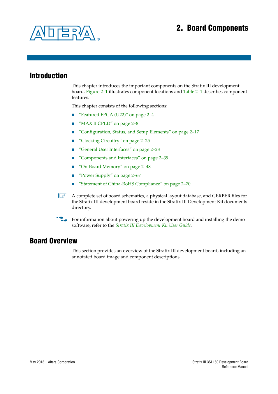 Board components, Introduction, Board overview | Chapter 2. board components, Introduction –1 board overview –1 | Altera Stratix III Development Board User Manual | Page 9 / 82