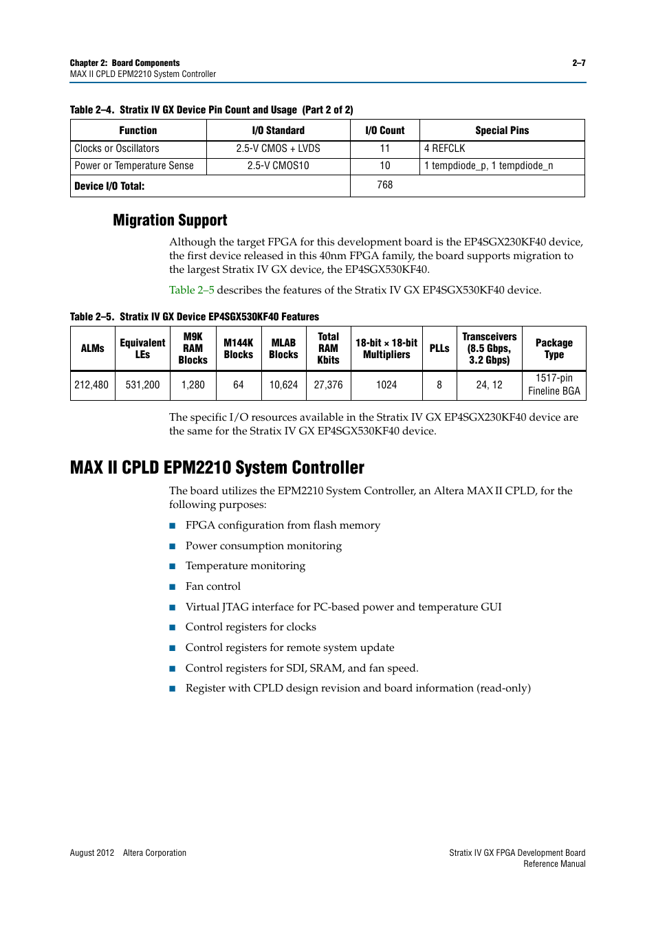 Migration support, Max ii cpld epm2210 system controller, Migration support –7 | Max ii cpld epm2210 system controller –7 | Altera Stratix IV GX FPGA Development Board User Manual | Page 15 / 82