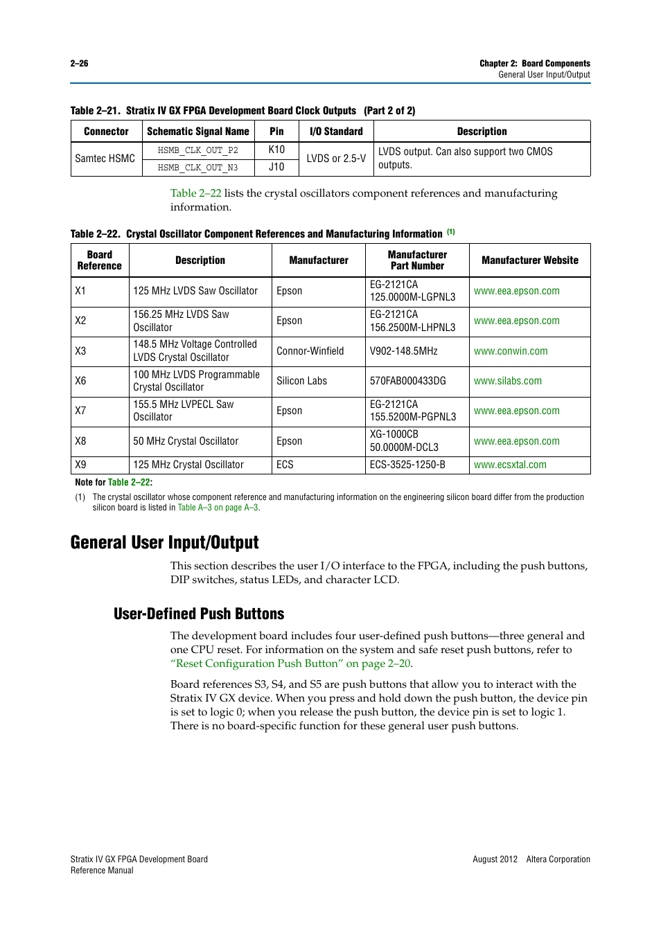 General user input/output, User-defined push buttons, General user input/output –26 | User-defined push buttons –26 | Altera Stratix IV GX FPGA Development Board User Manual | Page 34 / 82