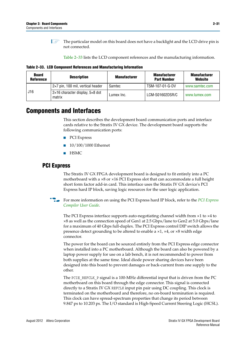 Components and interfaces, Pci express, Components and interfaces –31 | Pci express –31 | Altera Stratix IV GX FPGA Development Board User Manual | Page 39 / 82