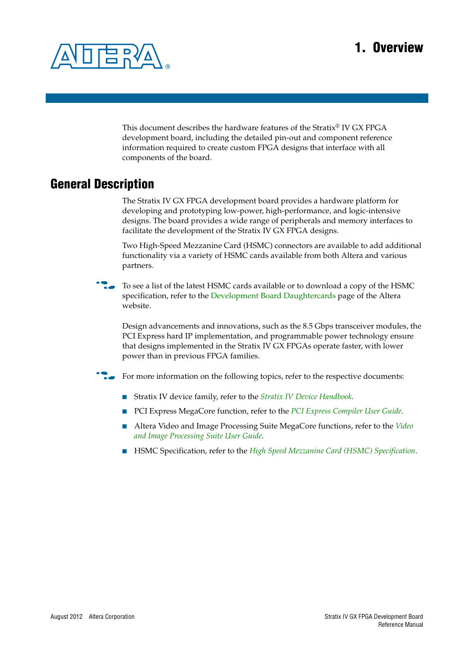 Overview, General description, Chapter 1. overview | General description –1 | Altera Stratix IV GX FPGA Development Board User Manual | Page 5 / 82