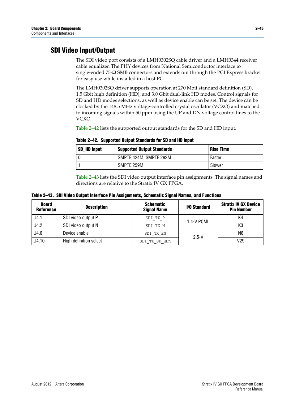 Sdi video input/output, Sdi video input/output –45 | Altera Stratix IV GX FPGA Development Board User Manual | Page 53 / 82