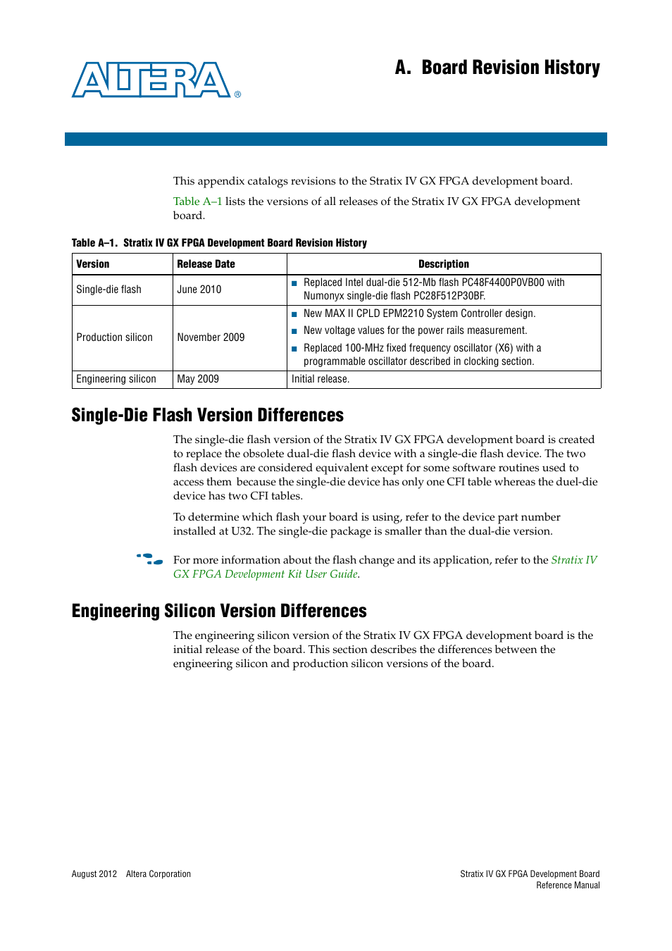 A. board revision history, Single-die flash version differences, Engineering silicon version differences | Appendix a. board revision history | Altera Stratix IV GX FPGA Development Board User Manual | Page 75 / 82