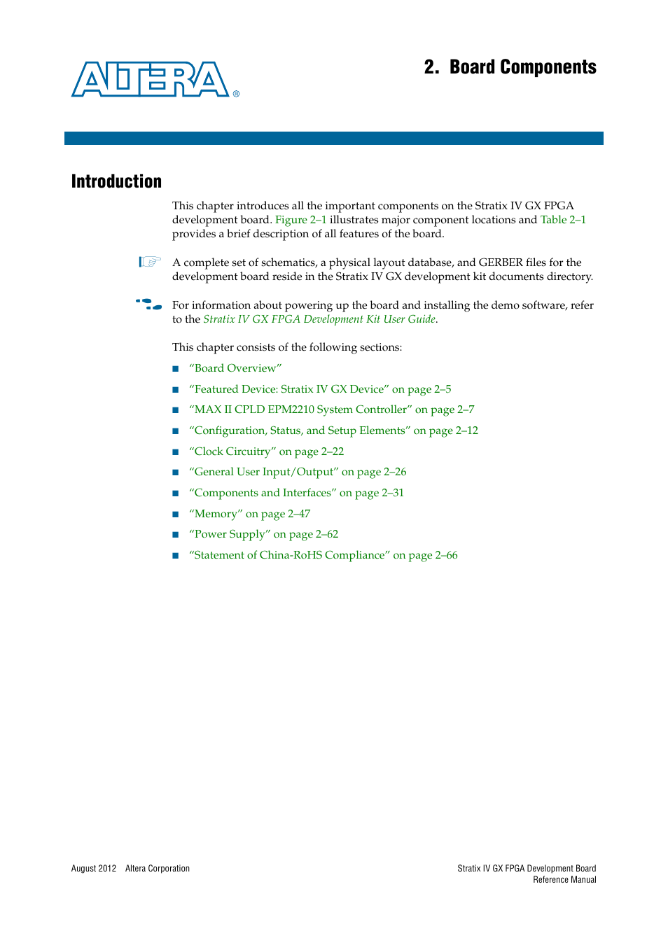 Board components, Introduction, Chapter 2. board components | Introduction –1 | Altera Stratix IV GX FPGA Development Board User Manual | Page 9 / 82