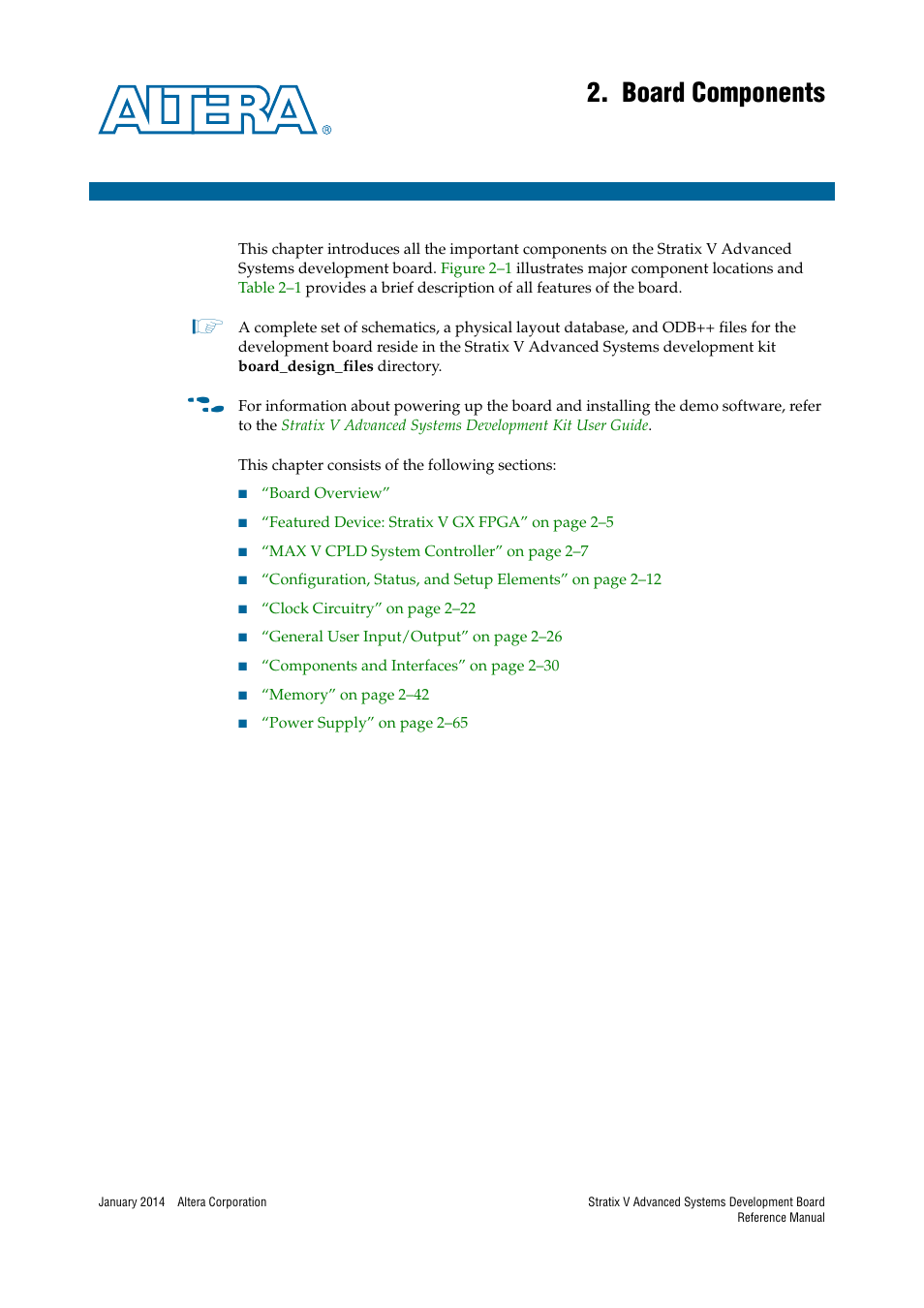 Board components, Chapter 2. board components | Altera Stratix V Advanced Systems Development Board User Manual | Page 11 / 84