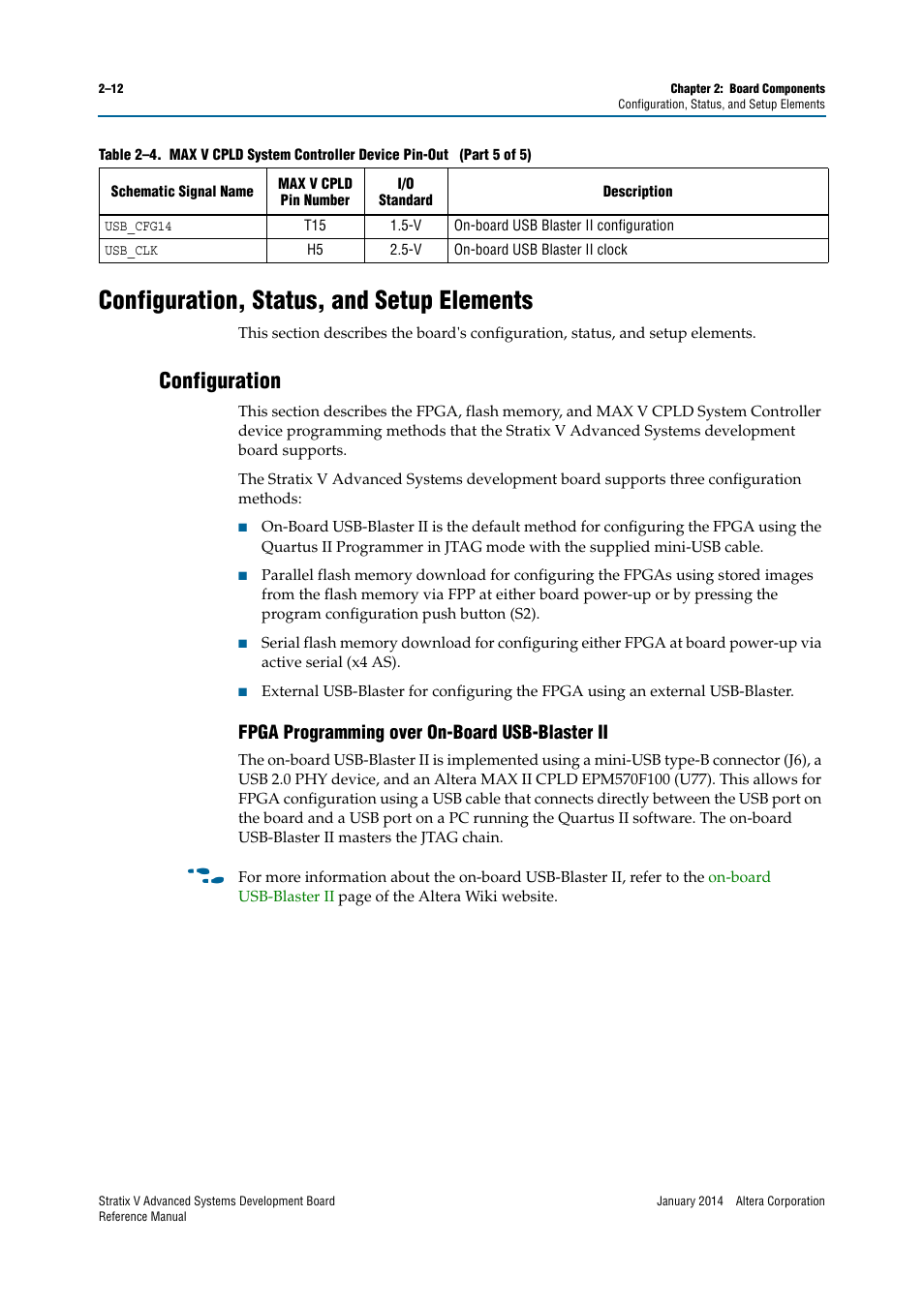 Configuration, status, and setup elements, Configuration, Fpga programming over on-board usb-blaster ii | Configuration, status, and setup elements –12, Configuration –12, Fpga programming over on-board usb-blaster ii –12 | Altera Stratix V Advanced Systems Development Board User Manual | Page 22 / 84