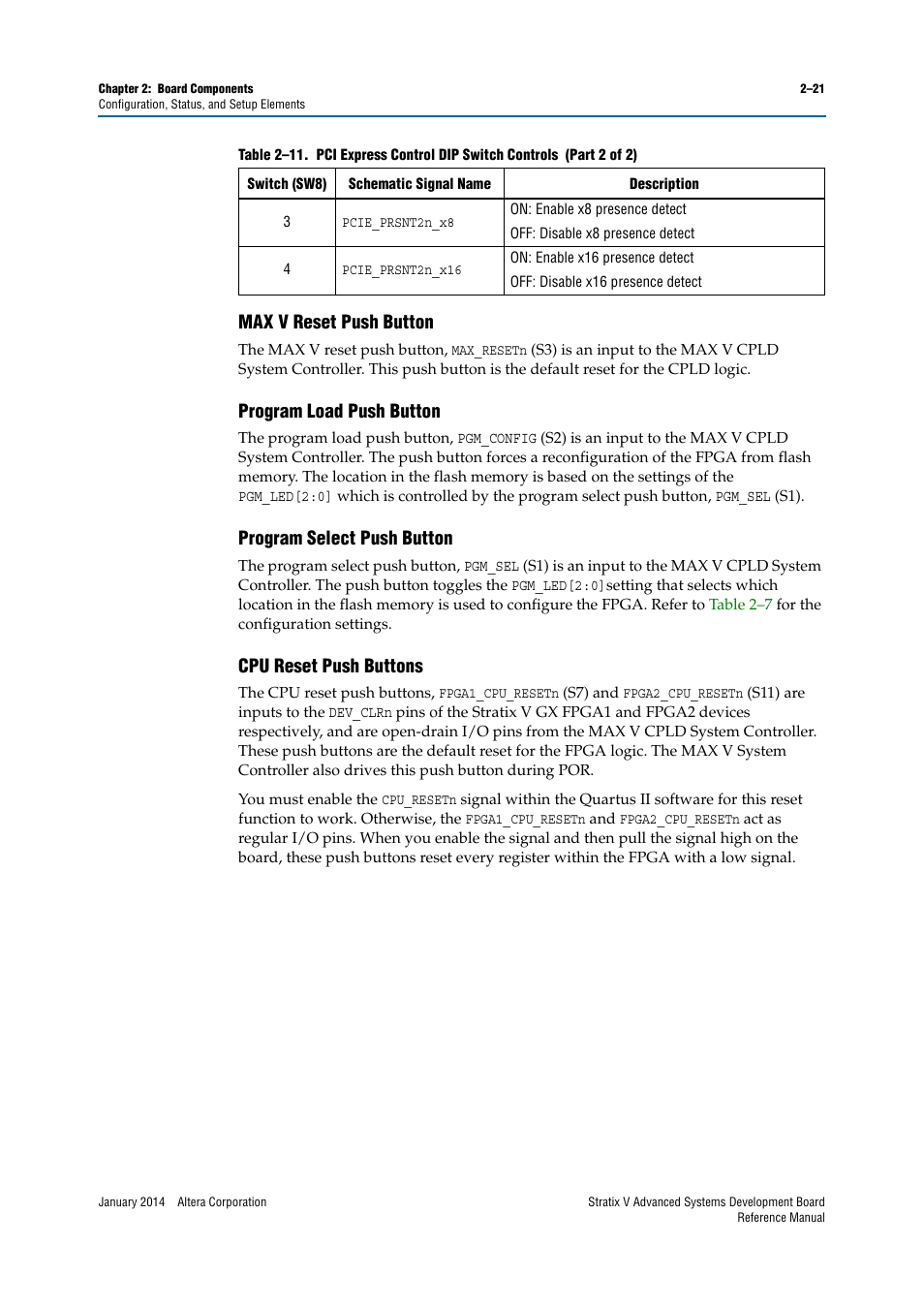 Max v reset push button, Program load push button, Program select push button | Cpu reset push buttons | Altera Stratix V Advanced Systems Development Board User Manual | Page 31 / 84