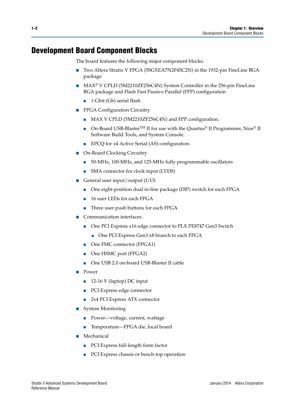 Development board component blocks, Development board component blocks –2 | Altera Stratix V Advanced Systems Development Board User Manual | Page 6 / 84