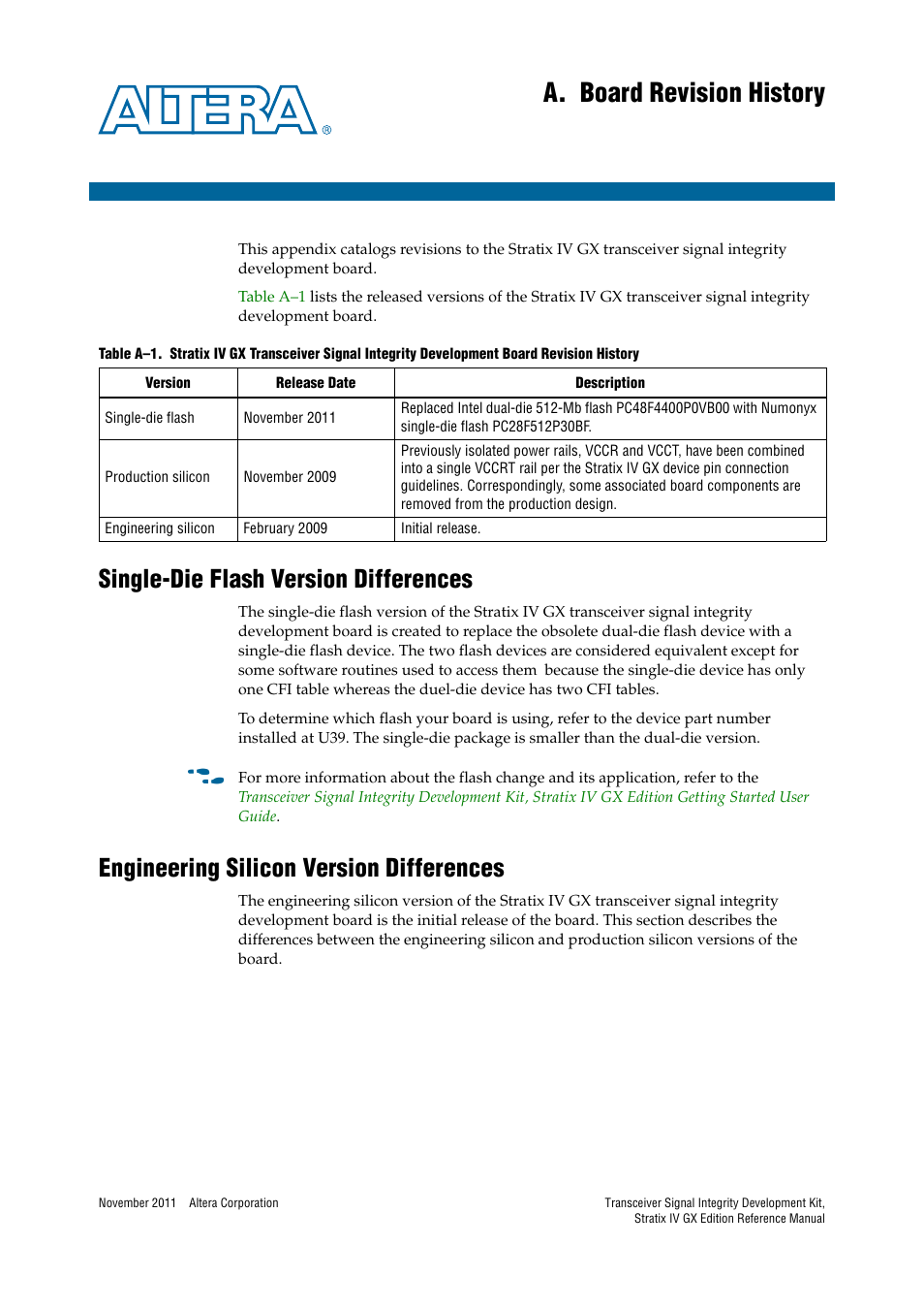 A. board revision history, Single-die flash version differences, Engineering silicon version differences | Appendix a. board revision history | Altera Transceiver Signal Integrity Development Kit, Stratix IV GX Edition User Manual | Page 39 / 44