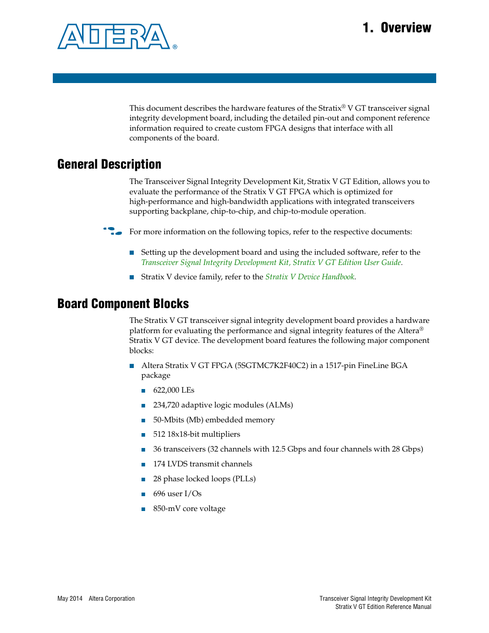 Overview, General description, Board component blocks | Chapter 1. overview, General description –1 board component blocks –1 | Altera Transceiver Signal Integrity Development Kit, Stratix V GT Edition User Manual | Page 5 / 52