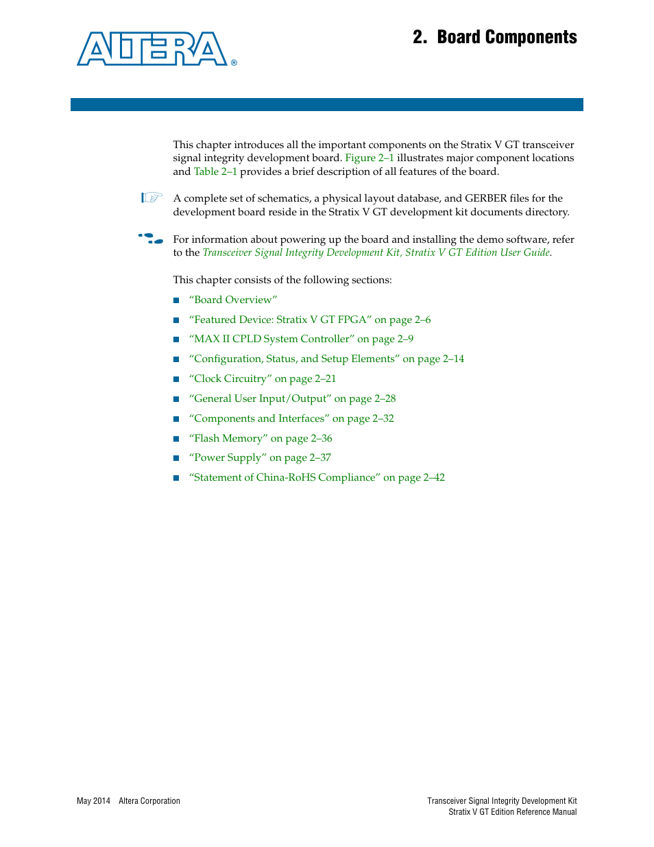 Board components, Chapter 2. board components | Altera Transceiver Signal Integrity Development Kit, Stratix V GT Edition User Manual | Page 9 / 52